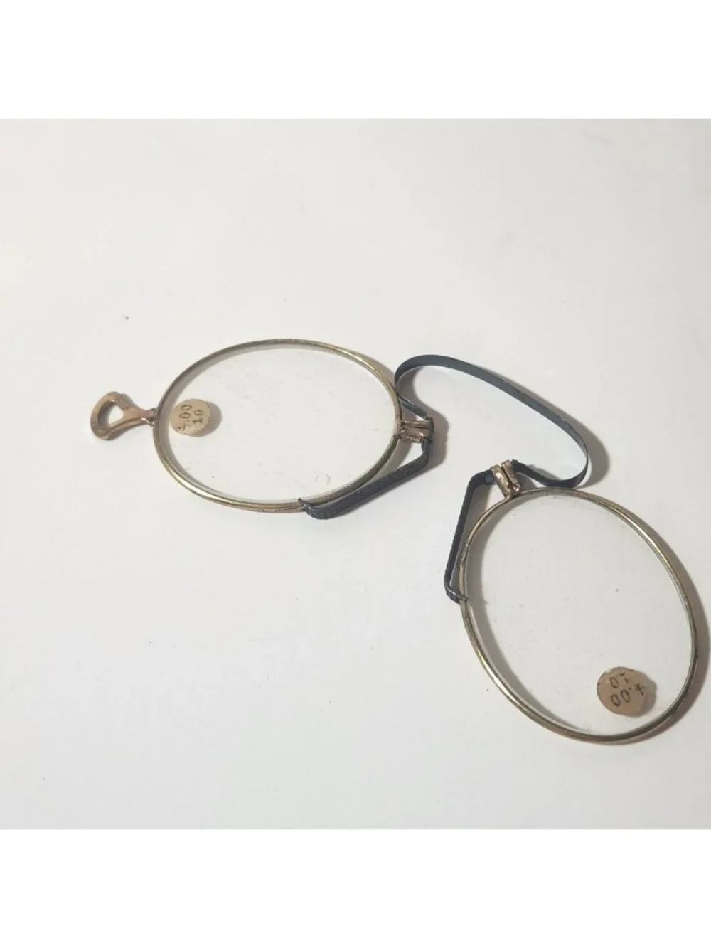 Antique Pince-Nez Spectacles Gold Tone Oval Lens Eyeglasses‎ +4.00 Strength